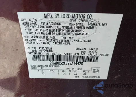 2009 Ford Flex Sel from USA, damaged, VIN 2FMDK52C89BA14428